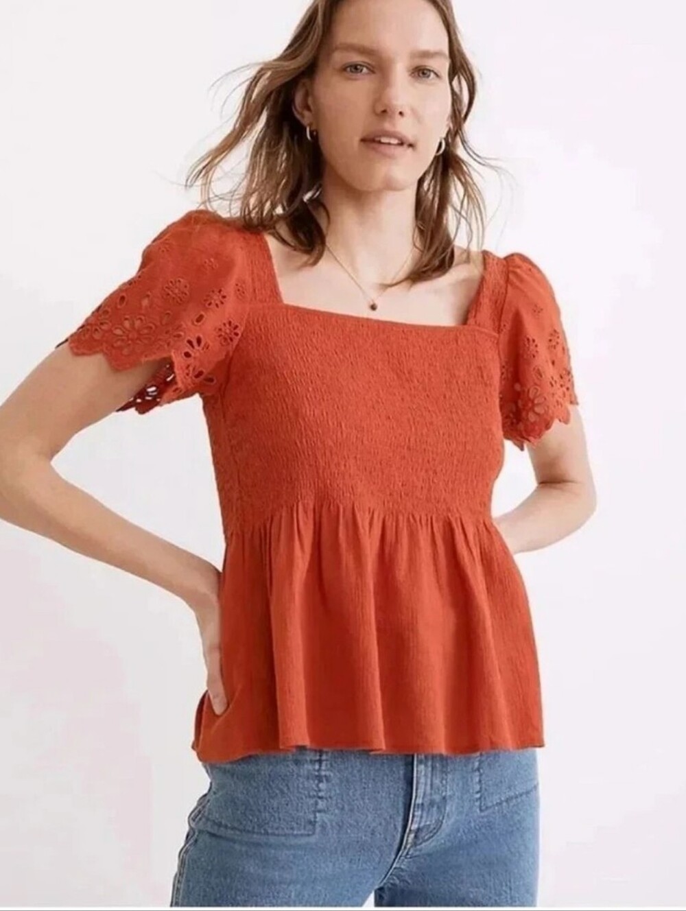 Madewell Eyelet Sleeve Lucie Smocked Cotton Peplum Top Blouse Orange Fresno Chil
